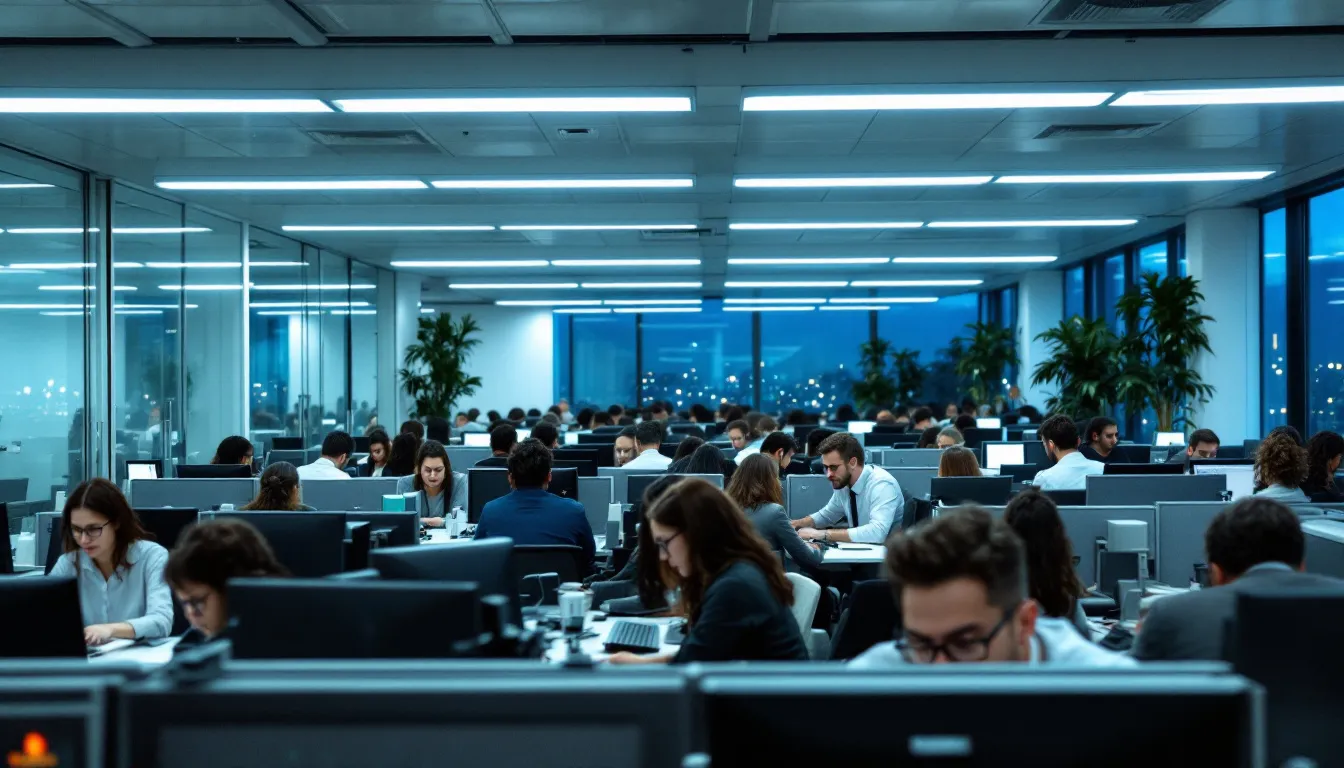 The image depicts a busy office environment filled with professionals working late hours, showcasing a blend of hard work and the challenges of maintaining a better work-life balance. The scene captures employees focused on their tasks, highlighting the pressures of modern careers while emphasizing the importance of personal time and mental health.